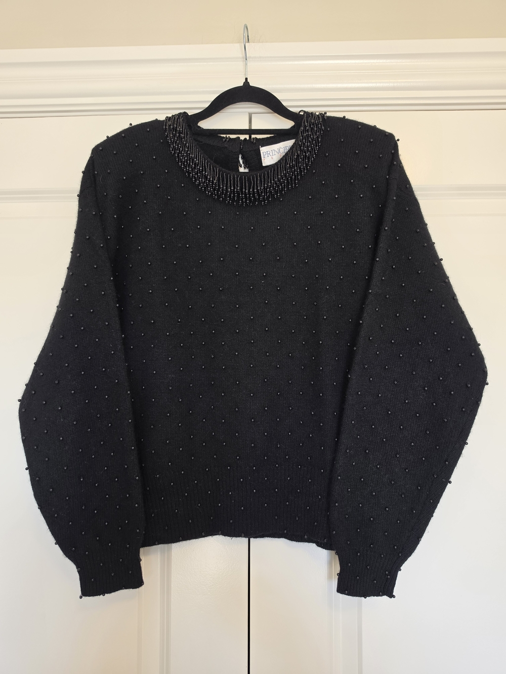 VINTAGE PRINCIPLES PETITE LAMBSWOOL ANGORA BEADED BLACK SWEATER L